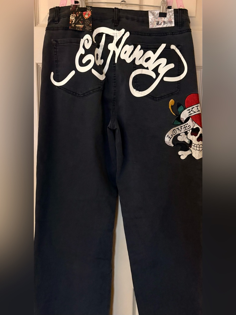 Ed Hardy Love Kills Slowly Black Jeans Sz 34 Wide Leg Embroidery WEHD8300-1 NWT